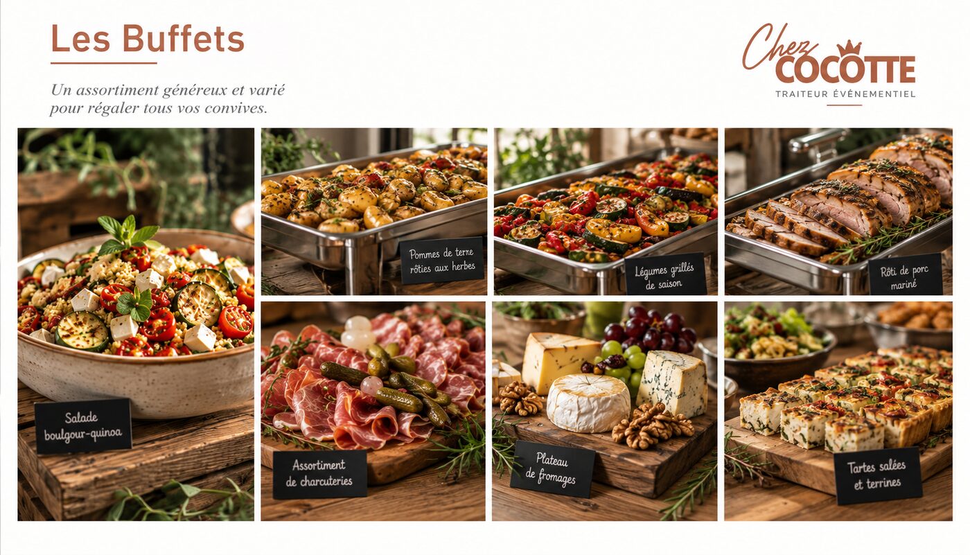 Assortiment de plats pour un buffet Chez Cocotte