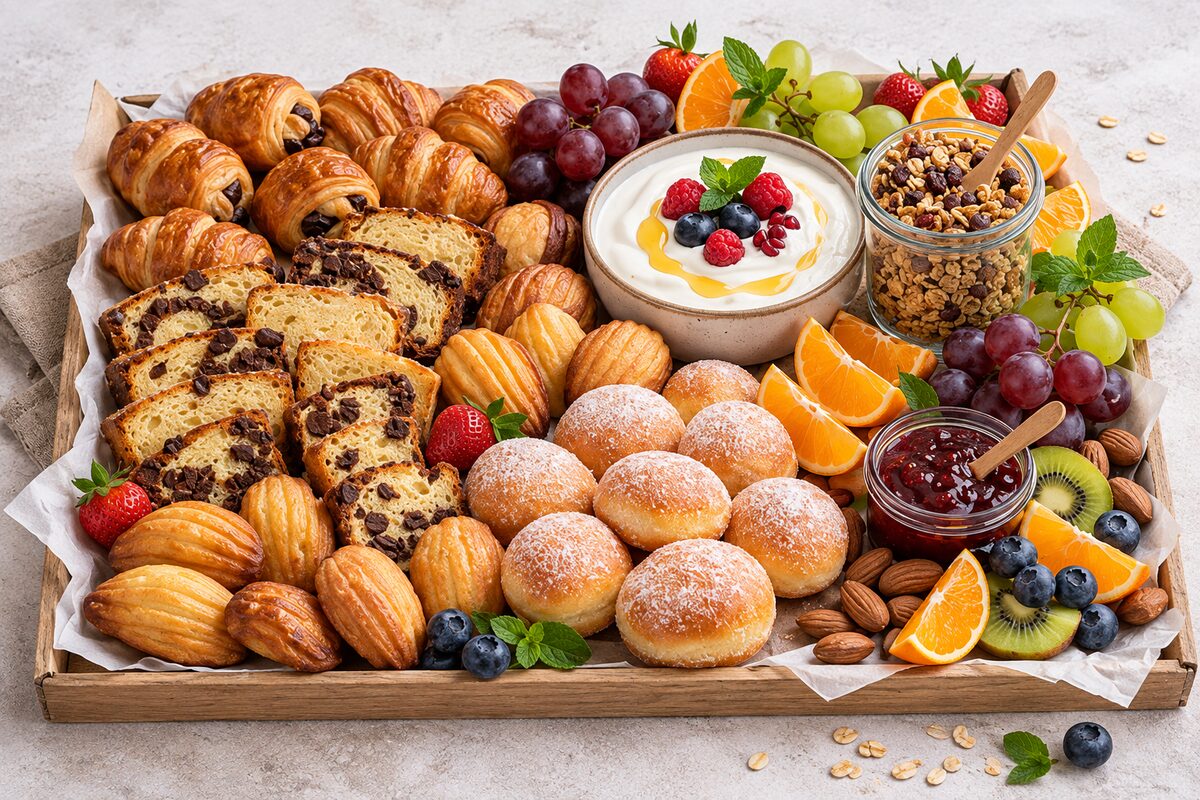 Plateau de viennoiseries et corbeille de fruits pour un petit-déjeuner Chez Cocotte